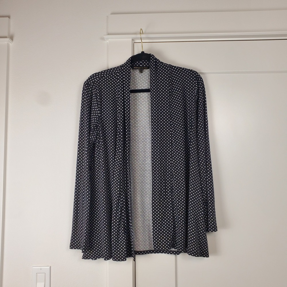 Always Indigo Cardigan Womens Large Black Polka Dot Open Front Long Sleeve